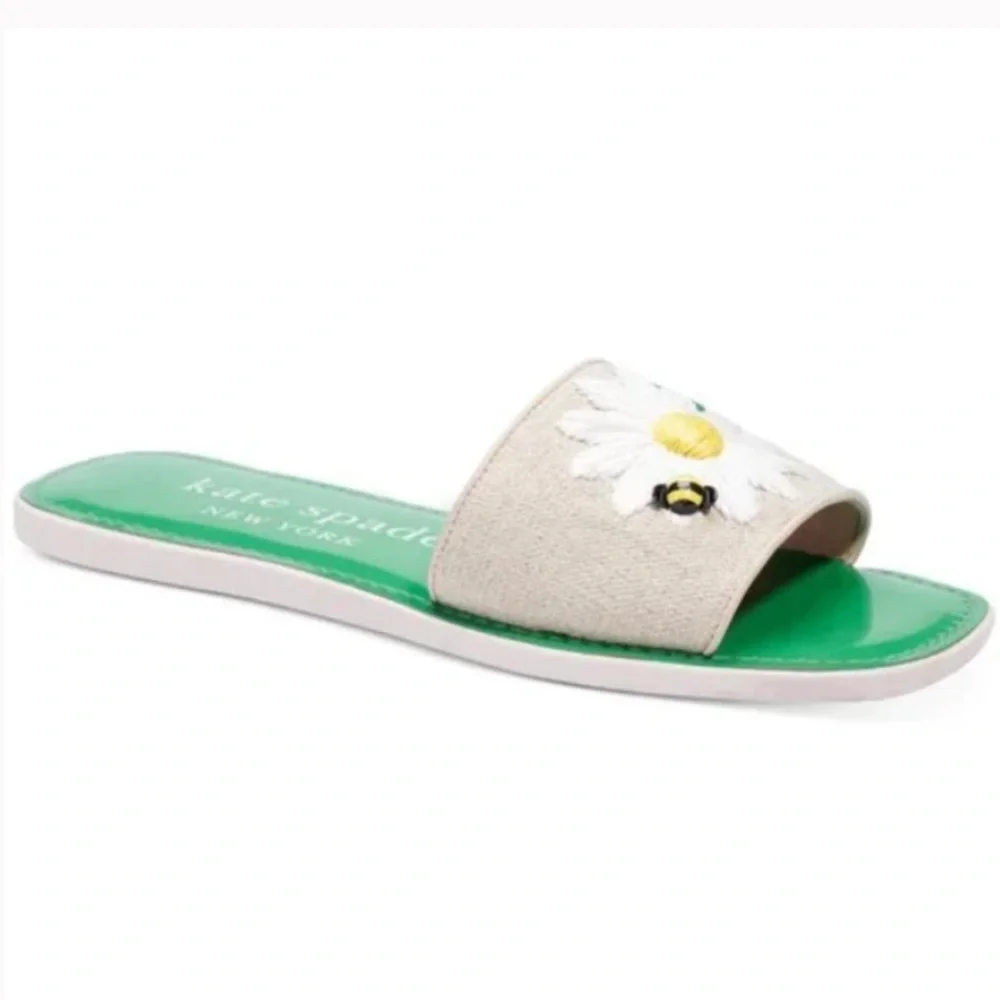 Like new Kate Spade Jute Seraphina Green Daisy Bumble Bee Slide Sandals